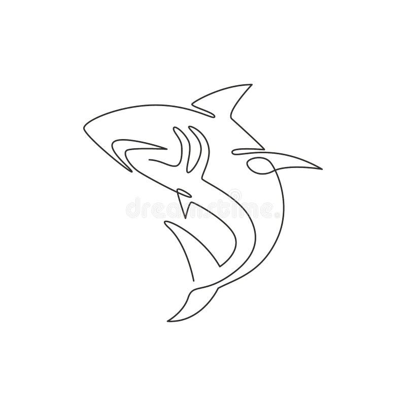 Single continuous line drawing of aggressive shark for nature adventure company logo identity. Wildlife sea fish animal concept