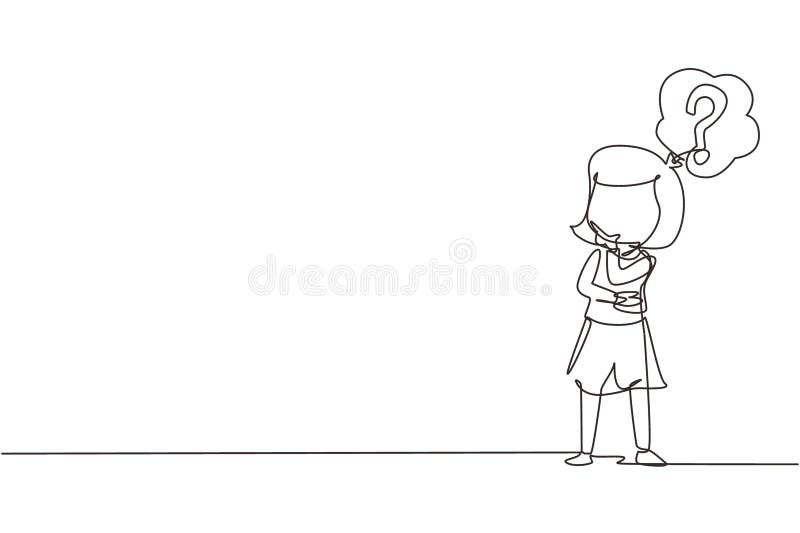 Single continuous line drawing cute girl thinking. Kids think creative idea. Bubble with question mark sign. Concept of learning vector illustration