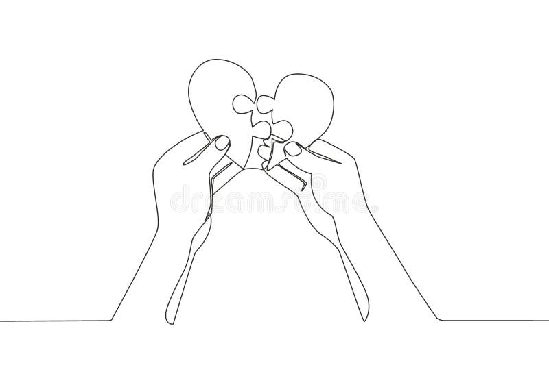 Single continuous line drawing of cute young happy man put the puzzle pieces together to heart shape form. Romantic love marriage