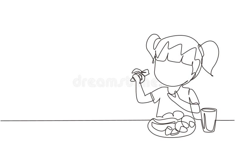 Single continuous line drawing girl eating fruit. Sitting near table eating orange. Watermelon and banana in tray placed on table