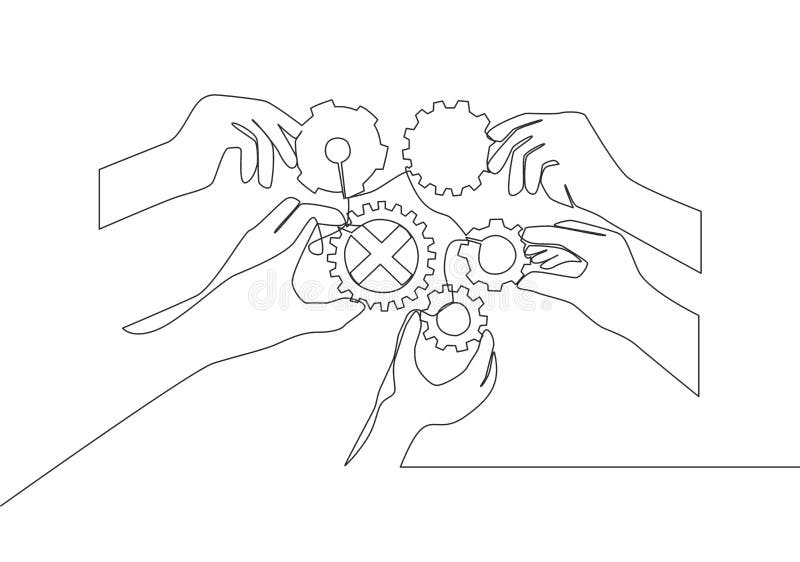 Single continuous line drawing of hand gesture business team members unite piece of gears to one as teamwork symbol. Unity working stock illustration