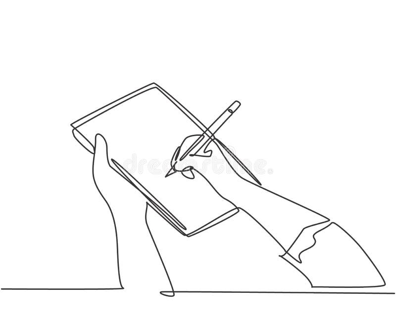 Single continuous line drawing of hand gesture fast writing on paper at clipboard. Business to do list write on notebook concept. royalty free illustration