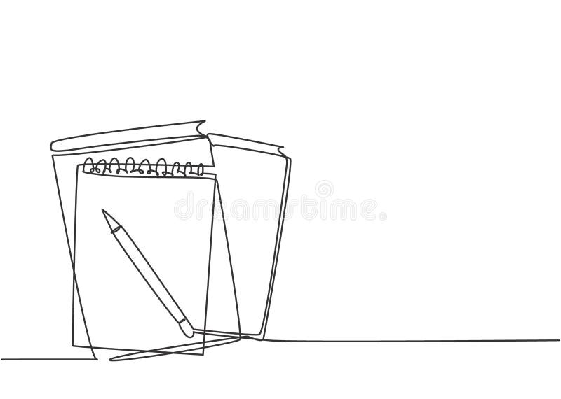 Single continuous line drawing of notebook or notepad with a pencil above work desk. Writing business draft on office notes vector illustration