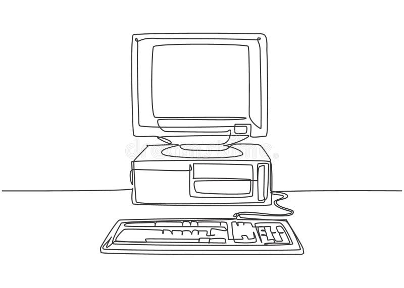 Single continuous line drawing of retro old classic personal computer processor unit. Vintage cpu with analog monitor and keyboard item concept one line draw graphic design vector illustration. Old computer keyboard cpu monitor vectors