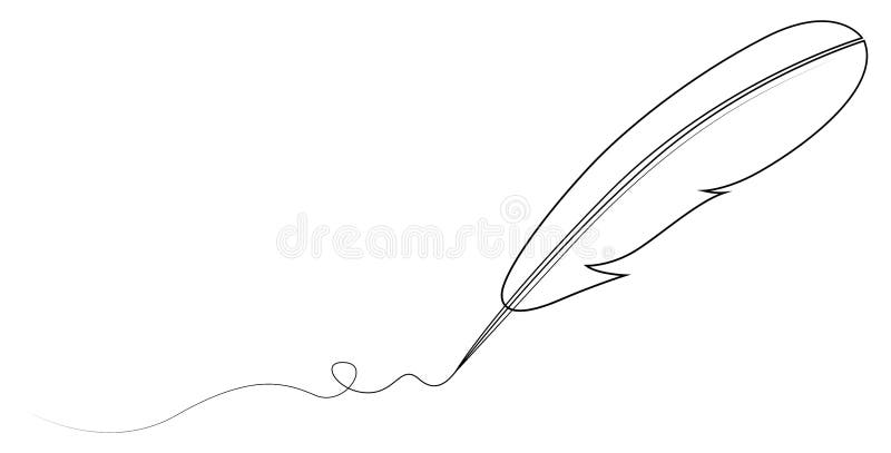 Single continuous line drawing of writing fether or quill pen. Retro handwriting concept one line draw design stock illustration