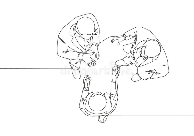 Single continuous line drawing of young businessmen chatting on business conference event from top view. Business discussion vector illustration