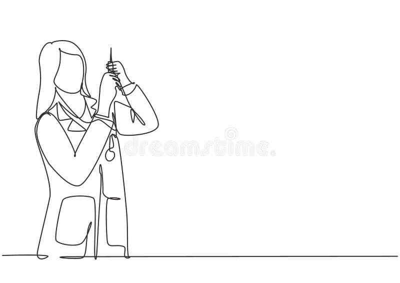 Single continuous line drawing of young female doctor testing syringe injection work properly to inject covid 19 vaccine to vector illustration