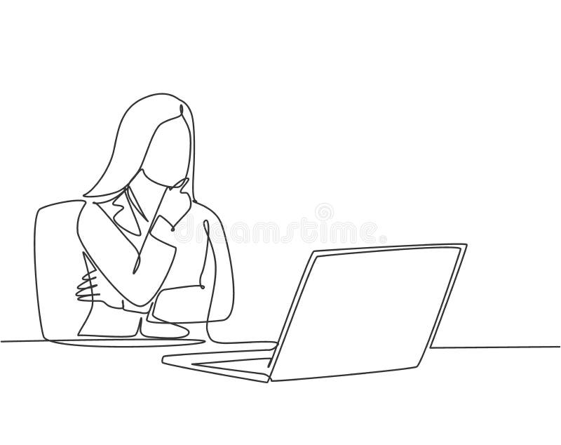Single continuous line drawing of young female startup founder siting in front of computer thinking sales strategy to her company stock illustration