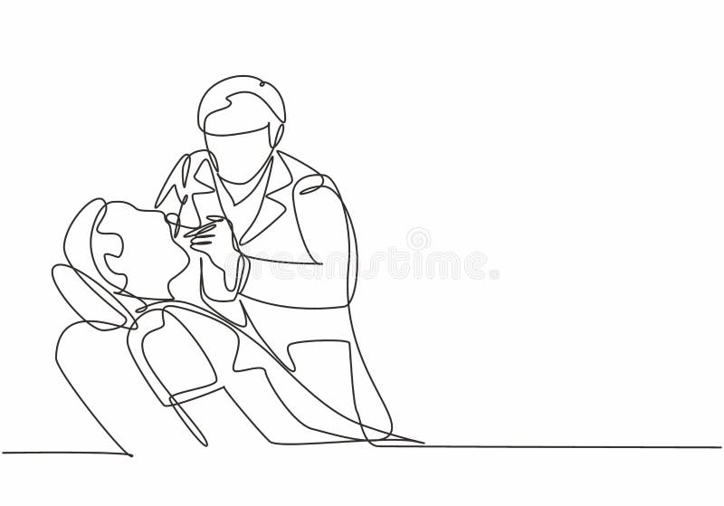 Single Continuous Line Drawing of Young Male Dentist Examining Patient