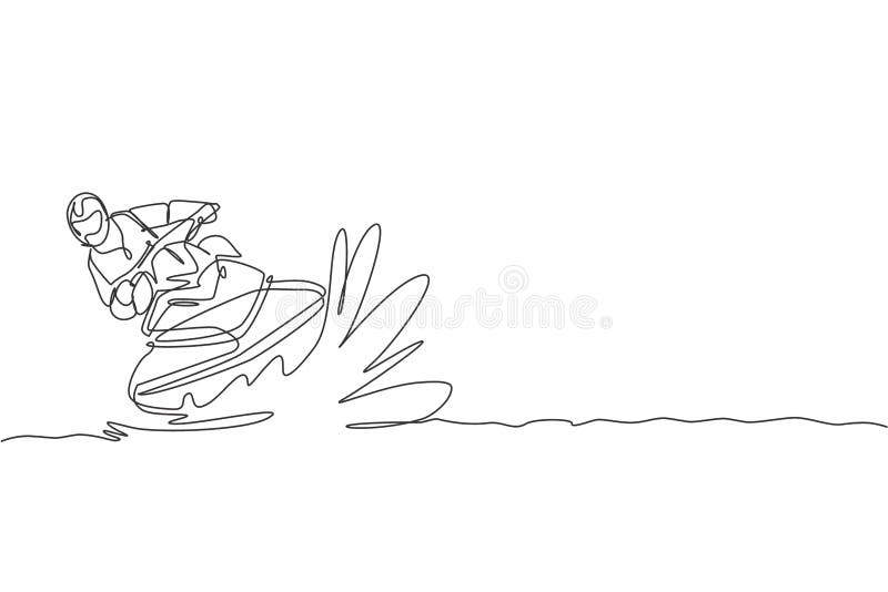 One single line drawing of fast speed boat sailing on the sea graphic