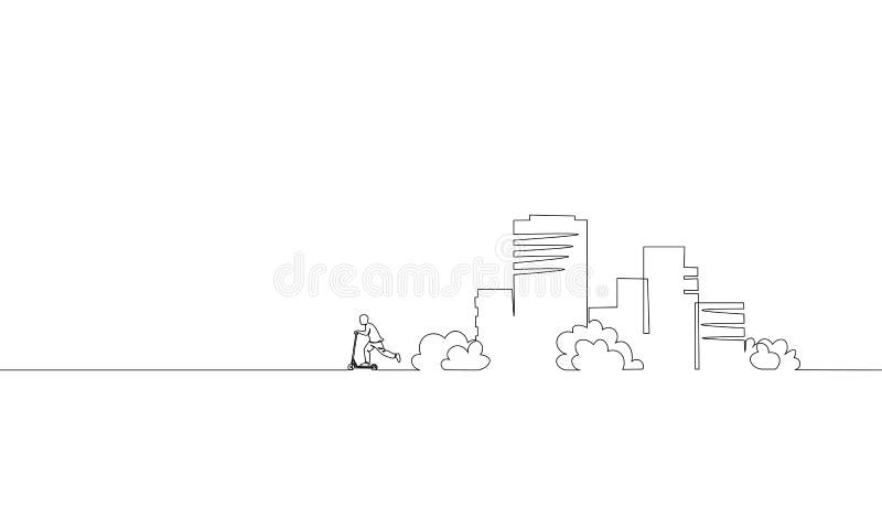 Single continuous one line art city building riding scooter. Architecture construction house urban apartment cityscape