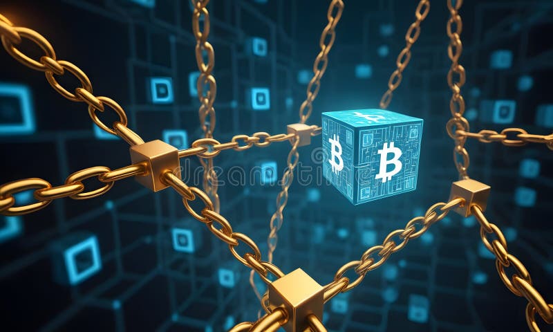 Gold Bitcoin Cube on Chain Network AI Generative stock photography