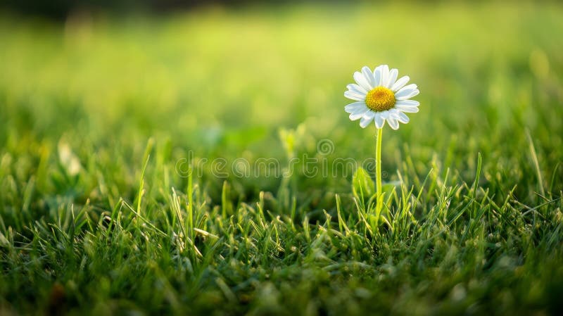 A single delicate daisy stands tall in a lush field of green grass symbolizing simplicity purity hope new beginnings and stock illustration