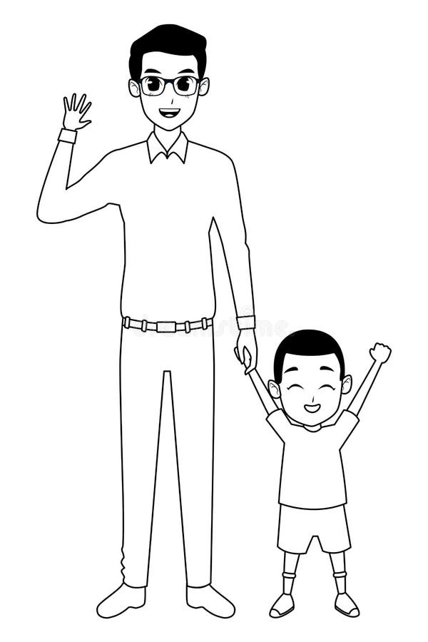 Single Father with Little Son Cartoon in Black and White Stock Vector -  Illustration of childhood, lifestyle: 152947206