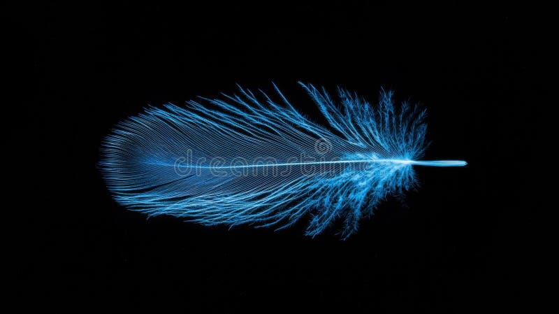 A single feather with a blue glow. The image presents a single, striking feather, captured in a striking blue hue against a stark black background. The feather, which appears to be a type of downy or fluffy feather, is oriented diagonally, with its tip pointing towards the upper right corner of the image. The feather s shaft, which is the main body of the feather, is visible and extends from the top to the bottom of the image. The feather s barbs, which are the small, hair-like structures that make up the feather s structure, are clearly visible. The image does not contain any text or other discernible objects, and the relative position of the feather to the black background remains constant throughout. AI generated