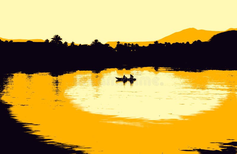 Single fishing boat in the middle of Nile River at dawn. Single fishing boat silhouette in the middle of Nile River at sunset. Digitally altered image royalty free illustration