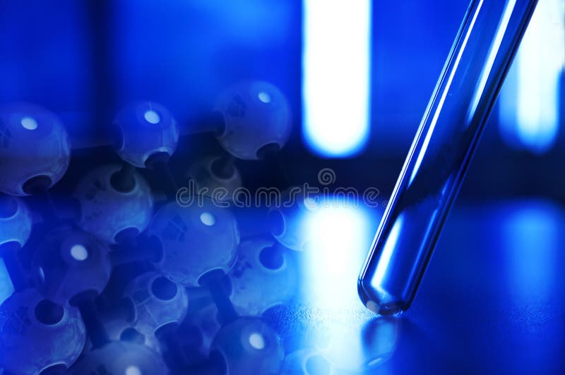 Single glass test tube with chemical structure in blue science technology laboratory background. Single glass test tube with chemical structure in blue science technology laboratory background