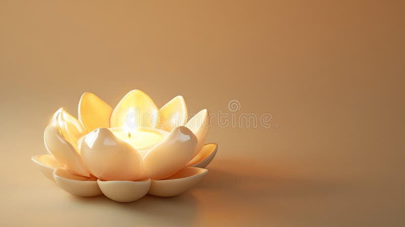 A single glowing lotus flower candle resting on a soft neutral stock image