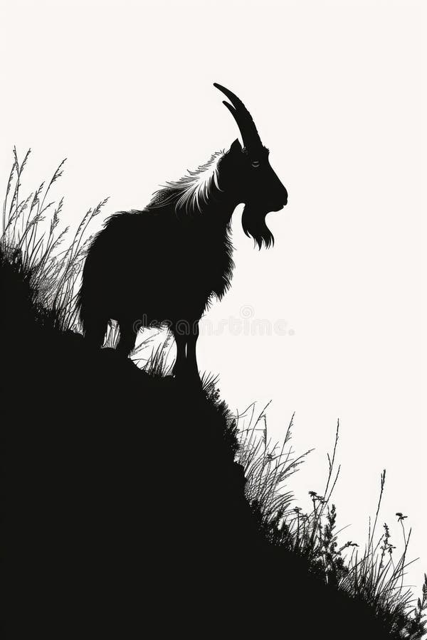 A single goat is standing on the top of a grassy hillside, with a serene background royalty free stock photography