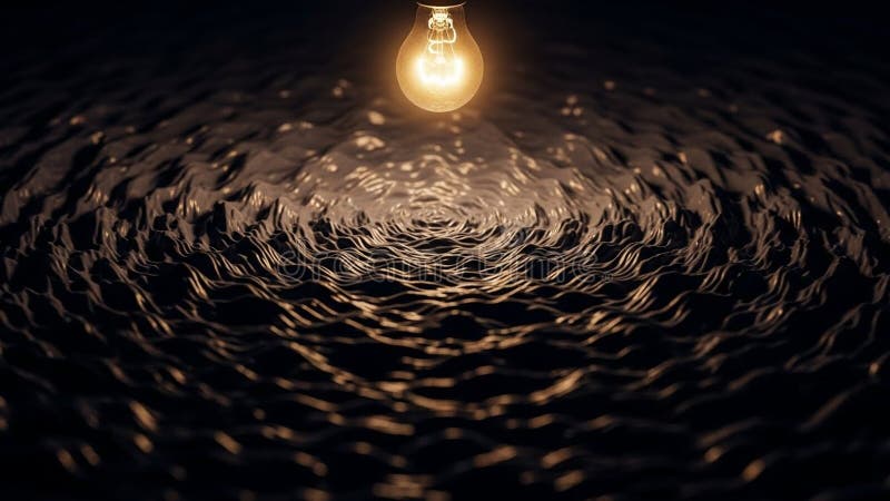 A single illuminated light bulb hangs above a dark rippling water surface stock illustration