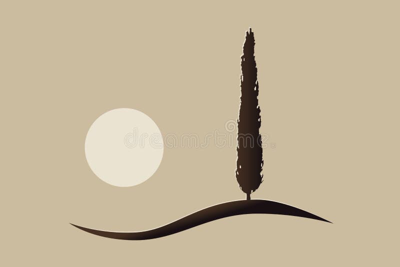 Single mediterranean vector cypress tree silhouette and the sun