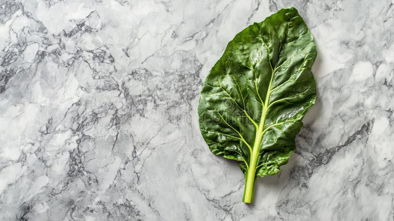 A single large leaf of Swiss chard styled on a clean stone countertop. background stock image