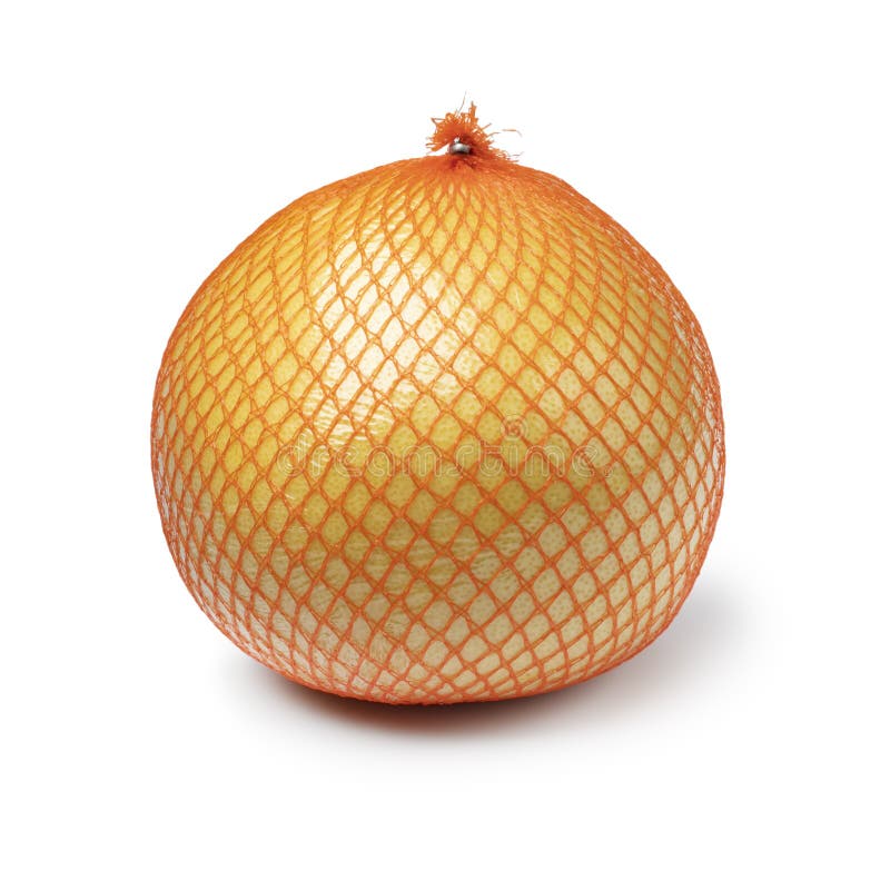Single large yellow pomelo wrapped in plastic reticle stock images