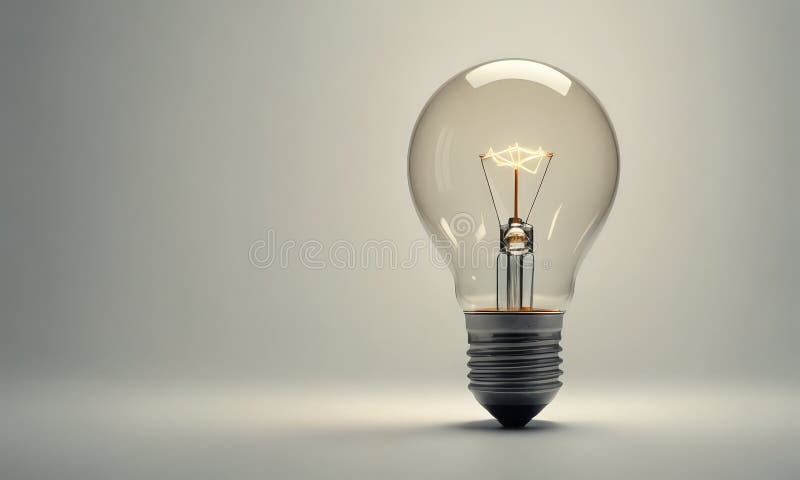 The image presents a single light bulb, illuminated and casting a warm glow, positioned centrally against a plain white background. The light bulb is encased in a clear glass shell, allowing the light to shine through. The light bulb is the main subject of the image, with no other objects or elements present. The background is a stark white, which contrasts with the warm glow of the light bulb and draws attention to it. The use of a single light bulb in the image creates a sense of simplicity and focus, emphasizing the illumination and light it provides. The light bulb is the only object in the image, and its position in the center creates a balanced composition. The absence of other objects or elements in the image allows the viewer to concentrate on the light bulb and its illumination. The use of a single light bulb also adds a sense of depth and perspective to the image, as the light bulb appears larger and more prominent due to its central position. The overall composition of the image is simple, clean, and uncluttered, with the light bulb being the sole focus. Plain objects illustrations