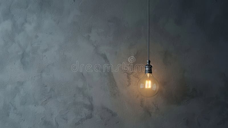 Single light bulb hanging and illuminating a textured wall
