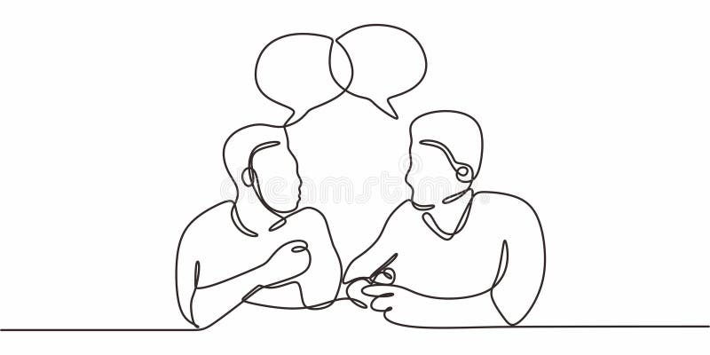 Single Line Art Workplace Dialogue Two Figures Linked Speech Bubbles. Teamwork Minimalist Vector. Single line art representing workplace dialogue, showing two figures with linked speech bubbles. Vector illustration hand drawn