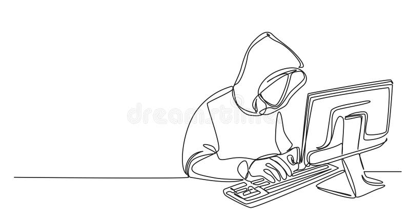 Single line drawing of computer hacker stereotype stock illustration