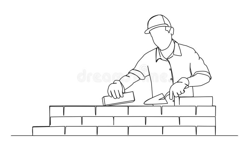 Single Line Drawing of Mason Laying Bricks Stock Vector