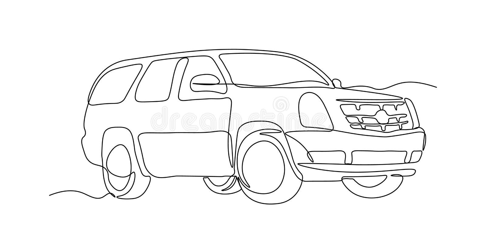 Single line drawing of tough 4x4 speed trail jeep car. Adventure offroad  rally vehicle transportation concept. One continuous line draw design Stock  Vector