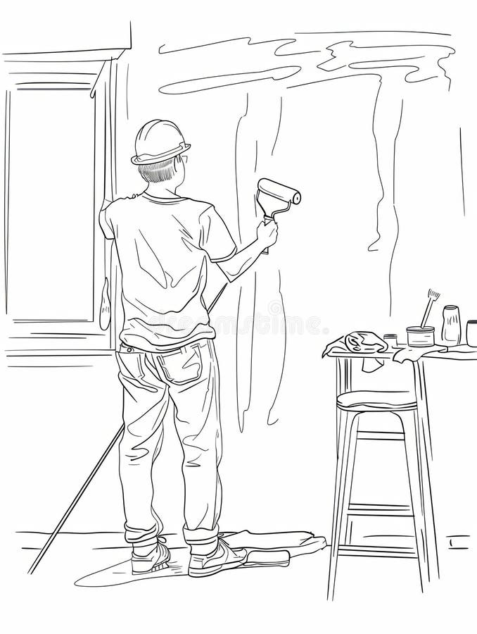 A Singleline Illustration of a Painter Using a Roller To Paint a House