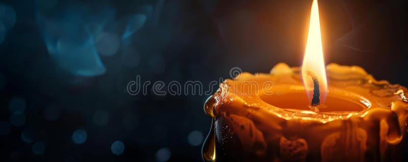 Single lit candle with melting wax against a dark background, atmospheric and serene concept stock image