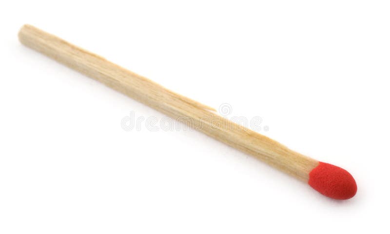 Real close-up of a single match against white background, focus is set on the red top