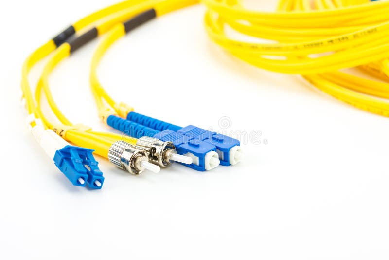 Single mode fiber optic cables patch cord with LC, SC and ST connector type on white background