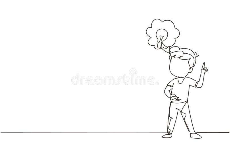 Single one line drawing little boy thinking. Kids think creative idea. Bubble with light bulbs sign. Concept of learning and royalty free illustration