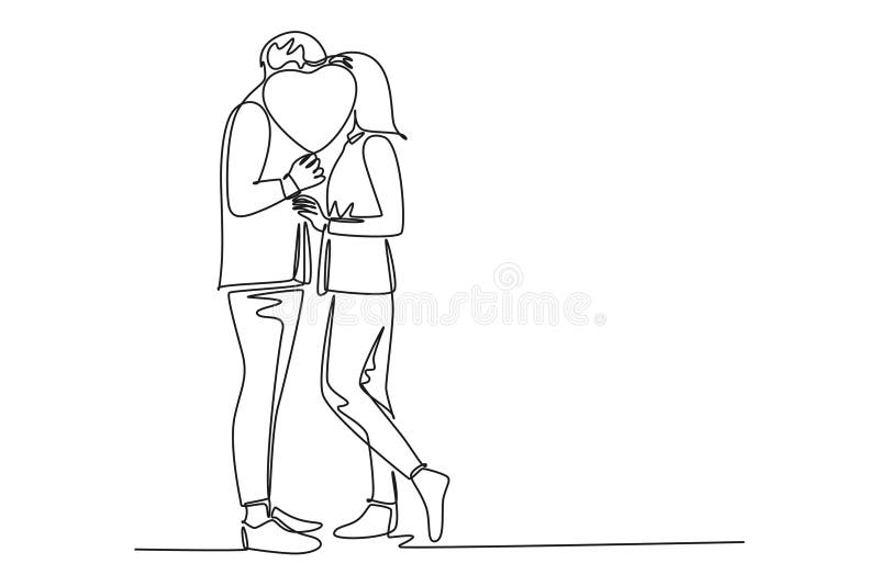 Single one line drawing cute couple in romantic pose. Happy man