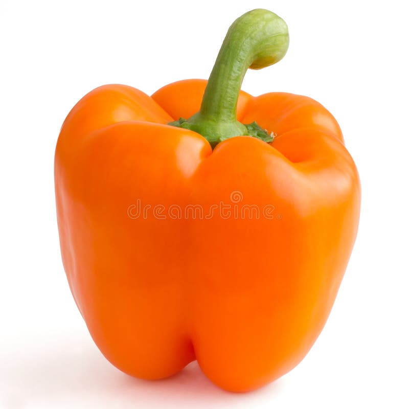 Single orange bell pepper isolated on white.