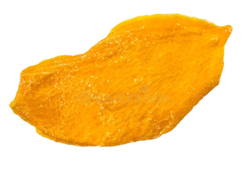 Single organic dehydrated mango slice on white background. royalty free stock image