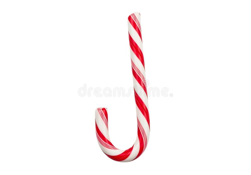 A high-quality studio photograph of a traditional peppermint candy cane, featuring a smooth, glossy surface with vibrant red and white diagonal stripes, curved into its iconic hook shape, isolated against a clean, solid white background. Peppermint stripes illustrations