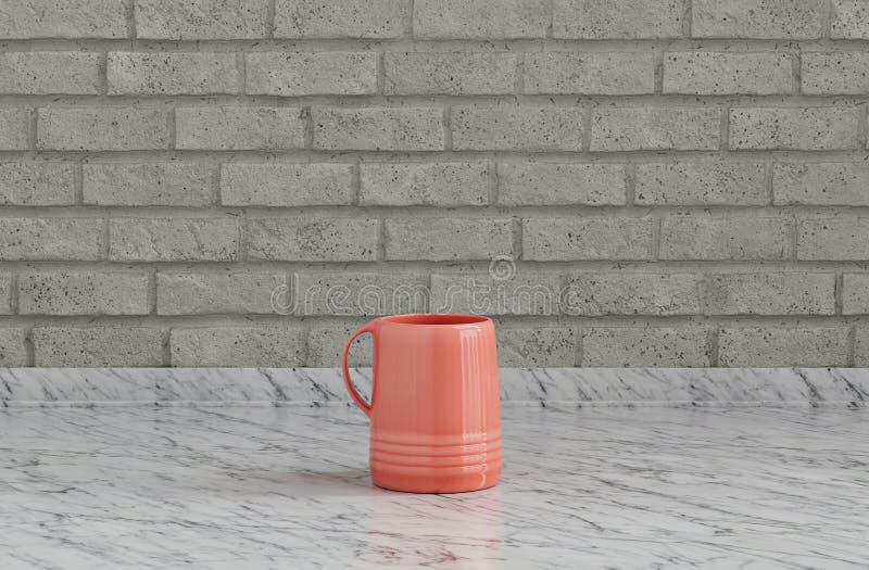 Single pink porcelain coffee mug on a front view kitchen counter top with gray tiled brick wall, 3d Rendering, close-up view