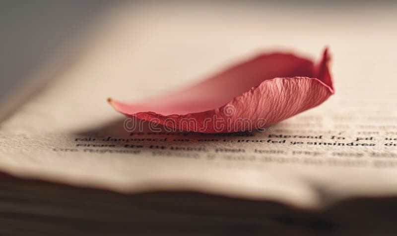 A single pink rose petal graces the open pages of a book, inviting quiet contemplation. A delicate rose petal rests gently on the pages of an open book, creating a soft, romantic, and nostalgic scene. AI generated