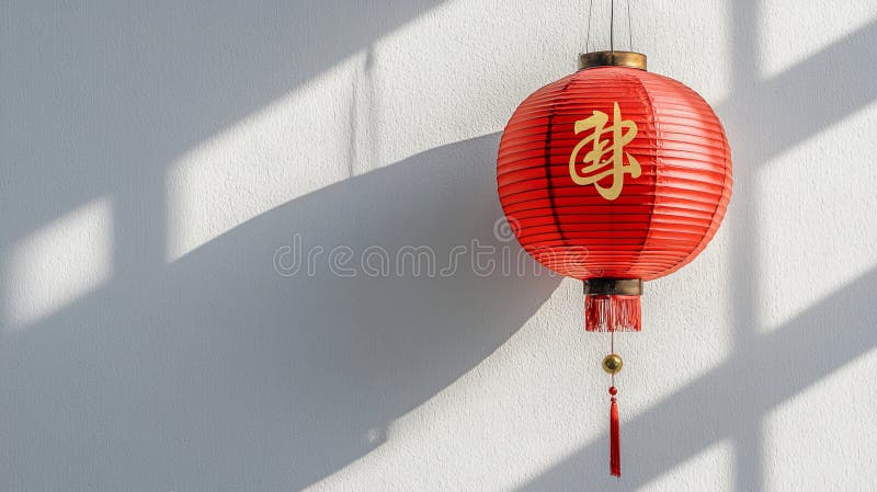Single Red Lantern with Golden Calligraphy Symbol Illuminated by Sunlight Shadows - Concept of Traditional Chinese royalty free stock images