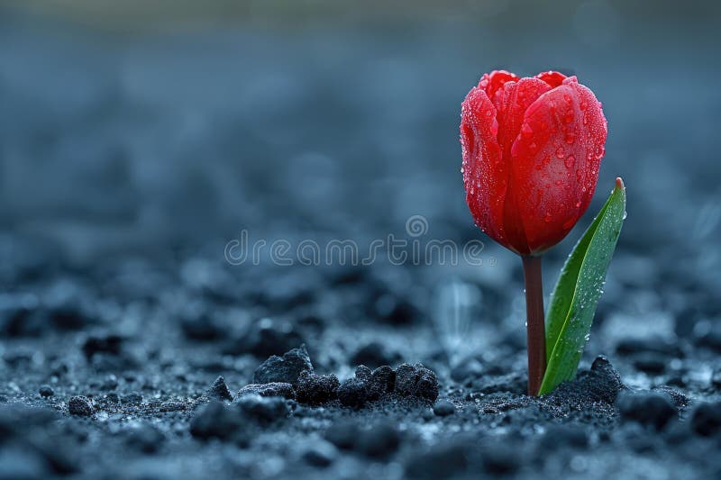 Single Red Tulip Blooming in Dark Soil Resilience and Hope stock abbildung