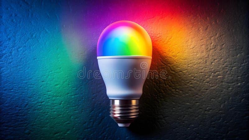 A Single RGB Smart Bulb Glowing in a Dark Room, Casting a Vibrant Rainbow on the Wall vector illustration.