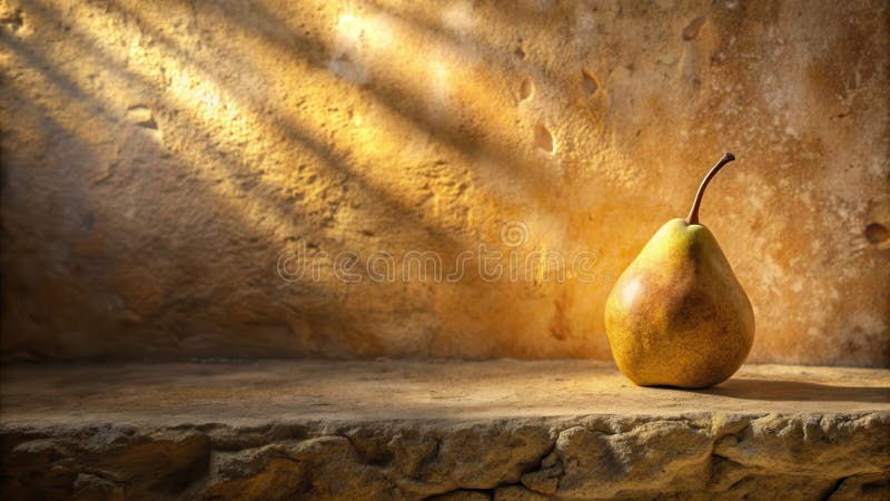 A single ripe pear rests on a rustic stone ledge, bathed in warm sunlight streaming through an unseen window. Generative AI stock illustration