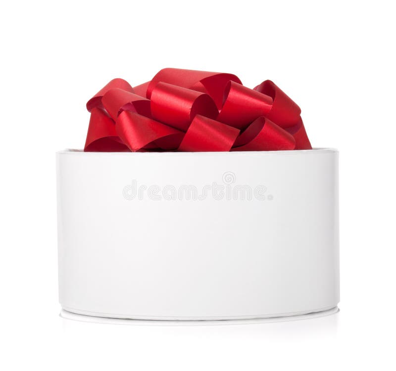 Single round gift box with red ribbon bow