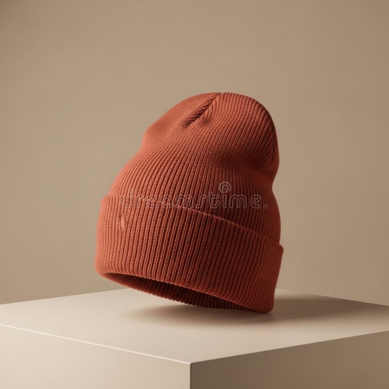 Single rust knitted beanie on white surface stock illustration